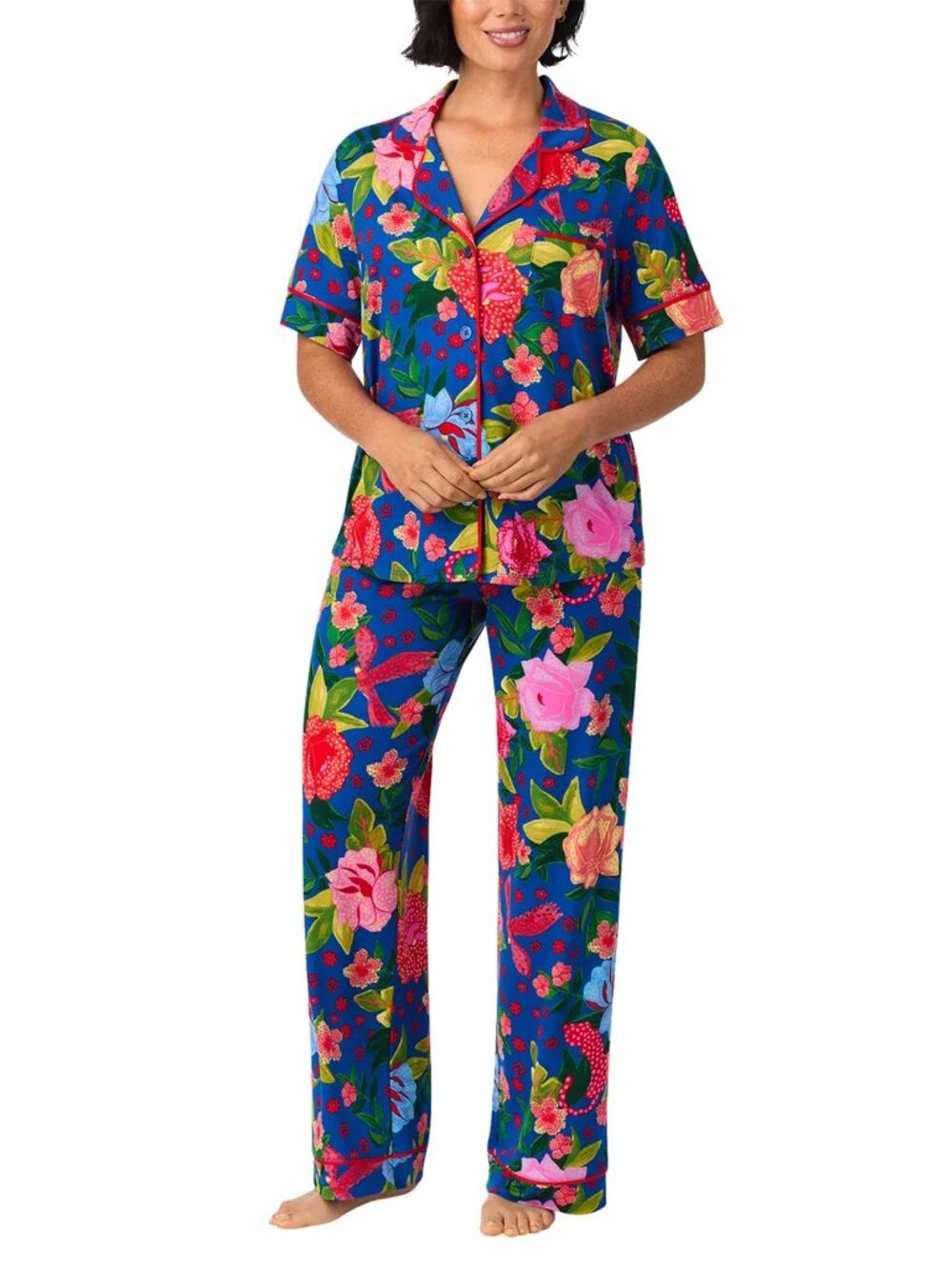 Room Service Notch Collar Pajamas XSmall Short Sleeve Top Pants Blue Floral, NWT